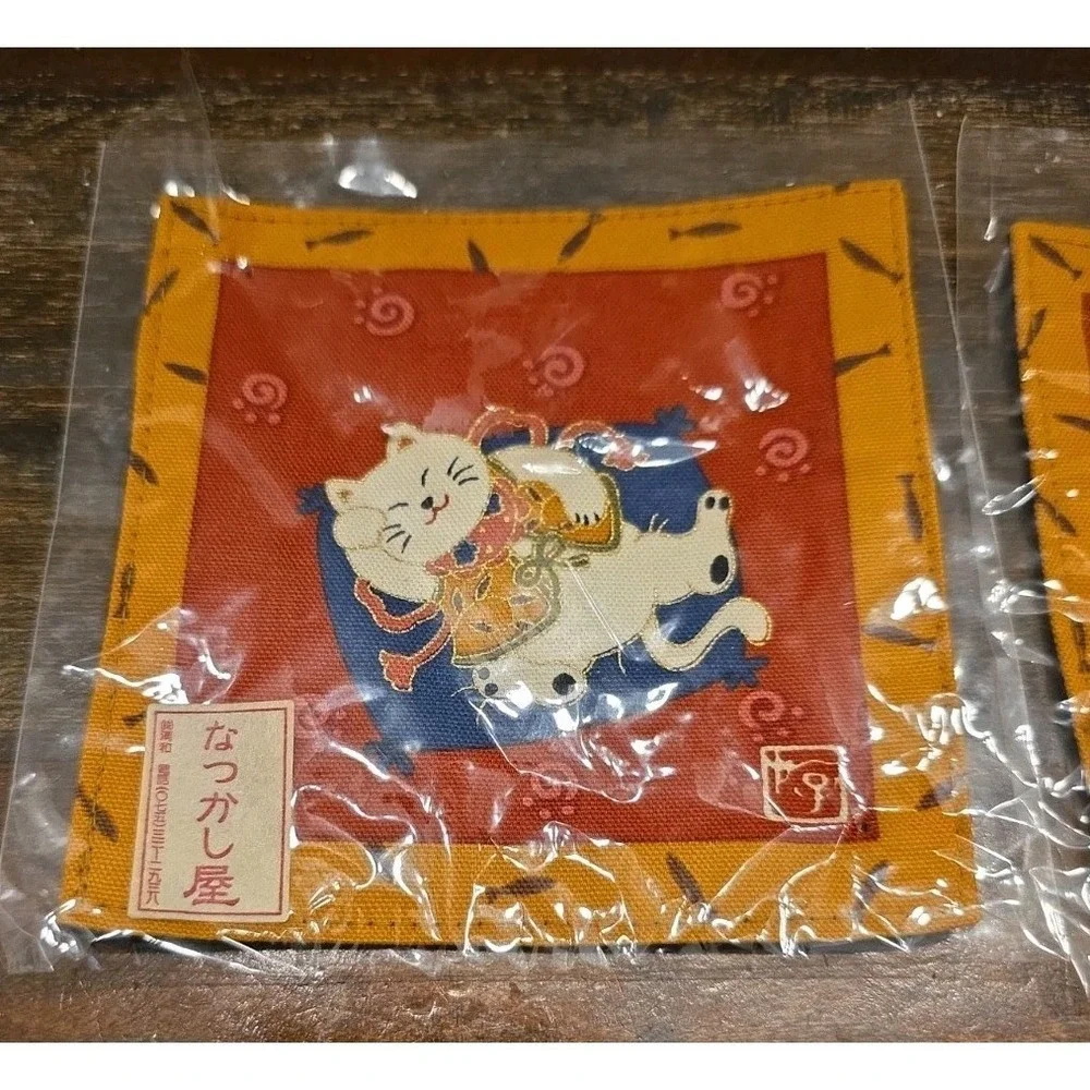 Lot 5 NWT Japanese Fabric Coaster Mats Natsukashiya Minowa Lucky Cat Embroidery